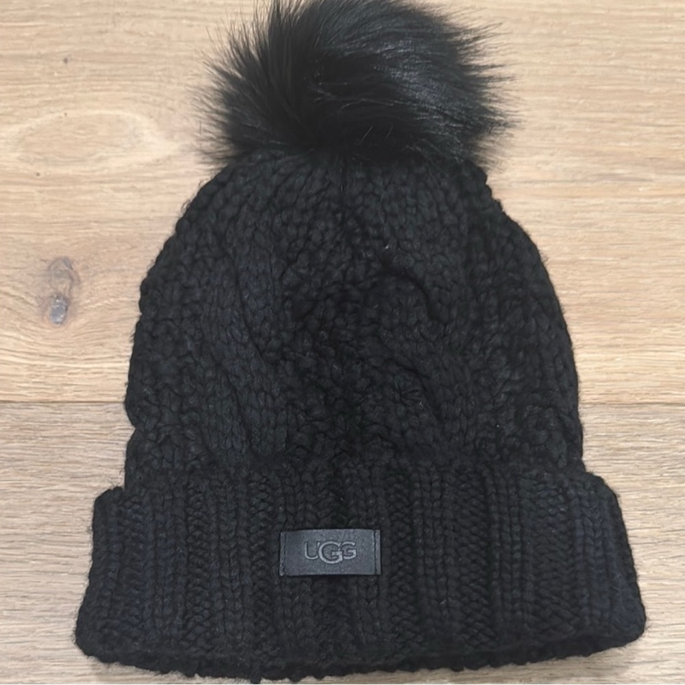 UGG Black Cable Knit Beanie with Pom-Pom